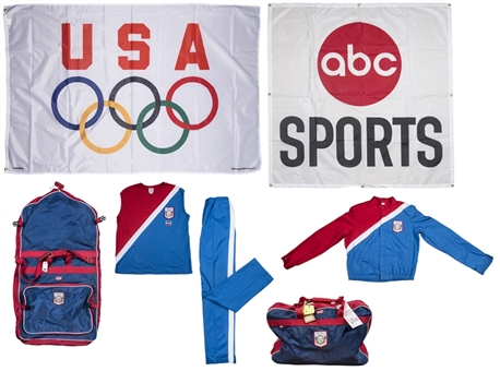 Lot of (5) 1984 Wayman Tisdale USA Olympics Memorabilia Including Opening Ceremony Outfit, (2) Flags, and (2) Travel Bags (Tisdale Family LOA)